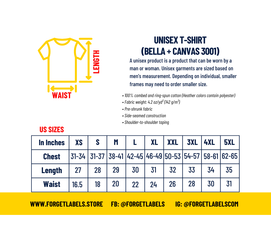 US Bella and canvas 3001 sizing chart for forget labels brand