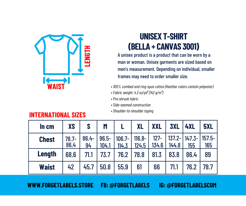 International Bella and canvas 3001 sizing chart for forget labels brand